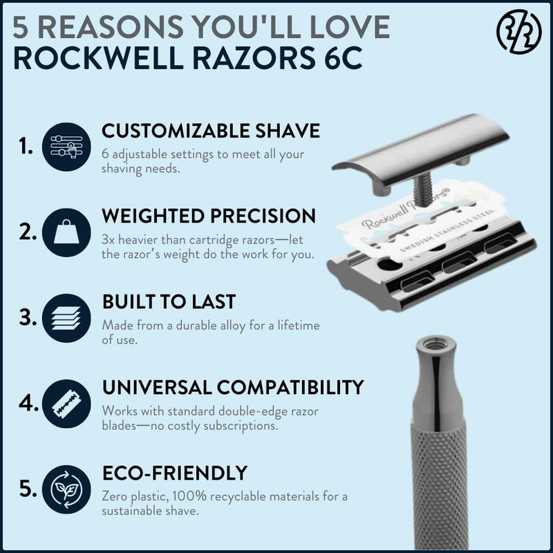 ROCKWELL RAZORS 6C Gunmetal Chrome Safety Razor With 6 Adjustable Shave Settings and 5 Fully Recyclable Razor Blades. Reusable Safety Razors for Men and Women. - Image 2